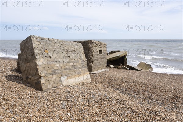 Wartime coastal defences 1940s anti-invasion military structures, Bawdsey, Suffolk, England, UK originally located on cliff top