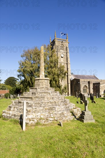 Church of Saint Andrew and medieval churchyard standing cross, Chew Magna, Somerset, England, UK