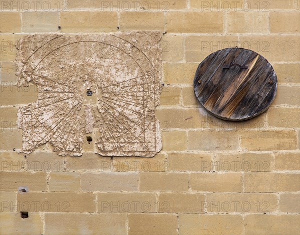 Historic scratch dials on wall of church of San Juan, Laguardia, Alava, Basque Country, northern Spain