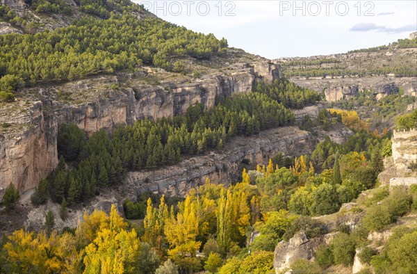 Landscape scenery of river Rio Jucar gorge with historic buildings, Cuenca, Castille La Mancha, Spain, Europe