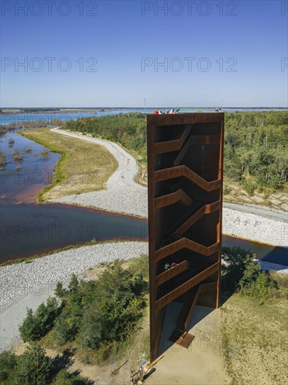 The 30 metre high landmark of the Lusatian Lakeland, the so-called Rusty Nail, was built at the mouth of Lake Sedlitz. It is a lookout tower made of 111 tonnes of Corten steel, with the base of a right-angled triangle with cathetus lengths of approximately twelve and eight metres. 162 steps lead to the viewing platform on the tower, Senftenberg, Brandenburg, Germany, Europe