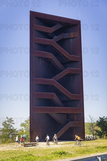 The 30 metre high landmark of the Lusatian Lakeland, the so-called Rusty Nail, was built at the mouth of Lake Sedlitz. It is a lookout tower made of 111 tonnes of Corten steel, with the base of a right-angled triangle with cathetus lengths of approximately twelve and eight metres. 162 steps lead to the viewing platform on the tower, Senftenberg, Brandenburg, Germany, Europe
