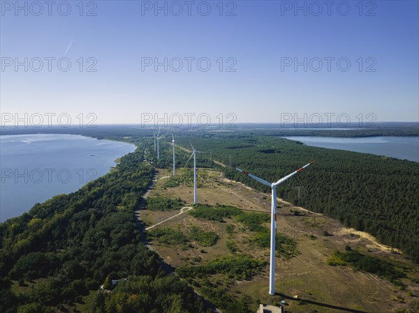 Scheibe See, wind turbines and Bernstein See, Saxony, Germany, Europe