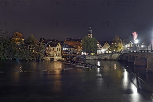 Night view of the old town with St John's Church and Pegnitz, Lauf an der Pegnitz, Middle Franconia, Bavaria, Germany, Europe