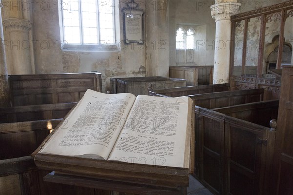 Historic interior of church of Saint John, Inglesham, Wiltshire, England, UK under the care of the Churches Conservation Trust