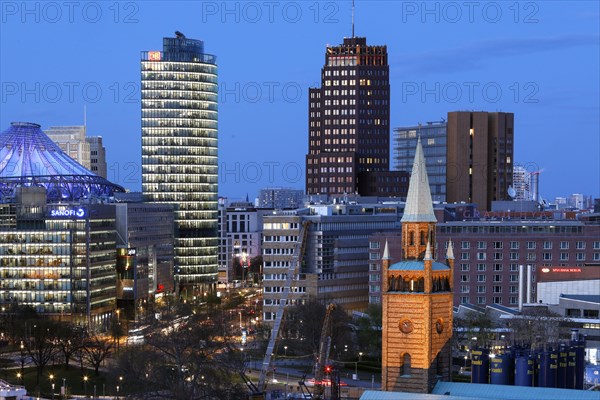 Sony Center, DB Tower, Kollhoff Tower and St Matthew's Church on Potsdamer Platz, Berlin, 26 April 2021