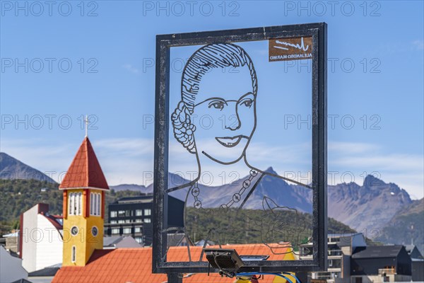 Artwork with a picture of the politician Eva Peron, also Evita, by artist Alejandro Marmo, Ushuaia, Tierra del Fuego Island, Patagonia, Argentina, South America
