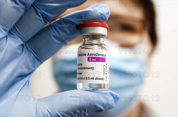 Vaccine vials with the Covid19 vaccine Astra Zenica in a vaccination centre, Schoenefeld, 26.02.2021