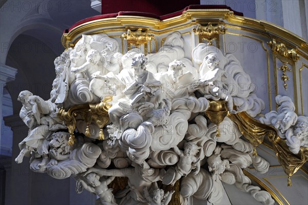 Detail, pulpit, interior view of St Trinitatis Cathedral, altar, nave, Dresden, Free State of Saxony, Germany, Europe