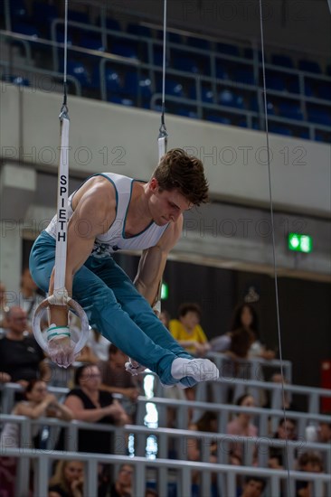 Heidelberg, 9 September 2023: Men's World Championship qualification in conjunction with a national competition against Israel. Carlo Hoerr during his routine on the rings