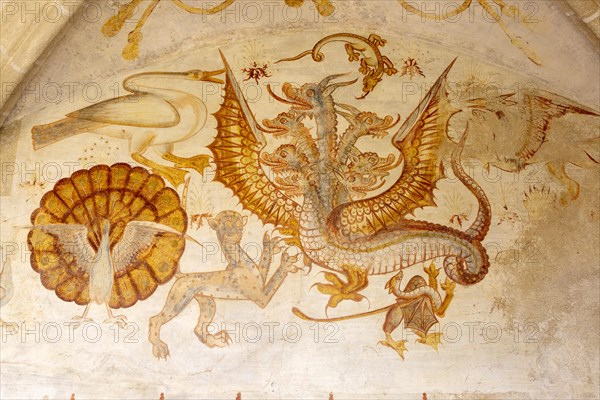 Image set of Casas Pintadas, Evora, Portugal unusual 16th-century murals paintings of creatures real and imagined, birds, hares, foxes, a basilisk, a mermaid and a harpy