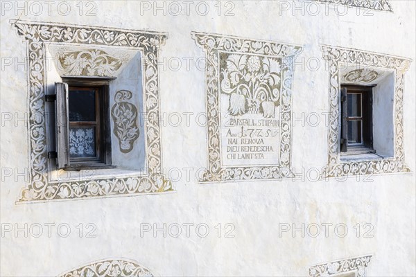 Window, historic house, sgraffito, facade decorations, Guarda, Engadin, Grisons, Switzerland, Europe