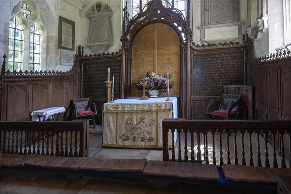 Historic interior of Saint John the Baptist church, Mildenhall, Wiltshire, England, UK