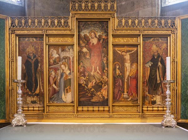 Altar reredos in chapel of Saint Saviour, Norwich Cathedral, Norfolk, England, UK