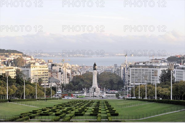 Eduardo VII Park with a view of the Marques de Pombal statue on a beautiful summer day, Lisbon, Portugal, Europe