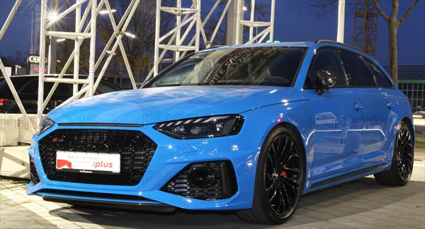 Blue Audi RS 4 Avant, seen at the Audi Centre Karlsruhe