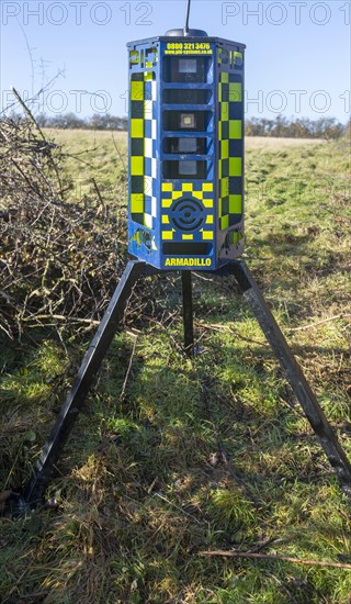 Armadillo Videoguard surveillance equipment used to observe detect protestors at HS2 protest site, Kenilworth, Warwickshire, England, UK