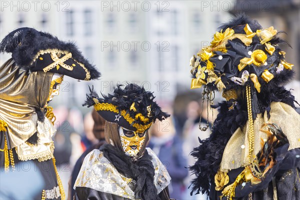LUST & PASSION & JOY OF LIFE, for the joy of the masquerade, the Elbvenezian Carnival took place in Dresden on the weekend in front of Rose Monday. The highlight was the joint stroll through the historic centre with masks in robes in the style of the Elbe Venetian Carnival from the Neumarkt through the Altmarktgalerie, the Schlossstrasse, through the Stallhof, along the Fuerstenzug, onto the Bruehlsche Terrasse and into the Bruehlsche Garten, Dresden, Saxony, Germany, Europe