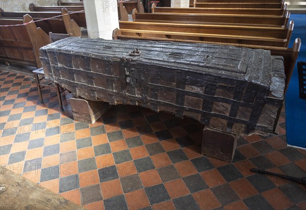 Historic wooden chest use for storing church treasures, Hopton, Suffolk, England, UK