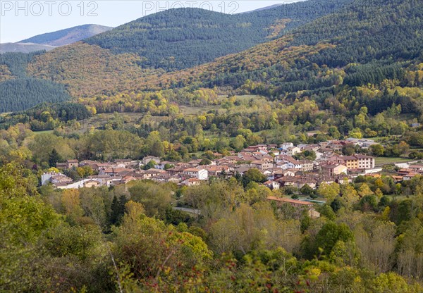 Autumnal countryside landscape view of forests, mountains and village of Valganon, La Rioja, Spain, Europe