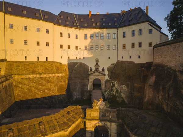 Aerial view of Koenigstein Fortress in Saxon Switzerland, Koenigstein, Saxony, Germany, Europe