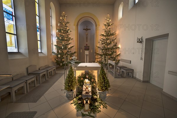 Chancel decorated for Christmas in the Maria Schnee branch church, Baernfels, Upper Franconia, Bavaria, Germany, Europe