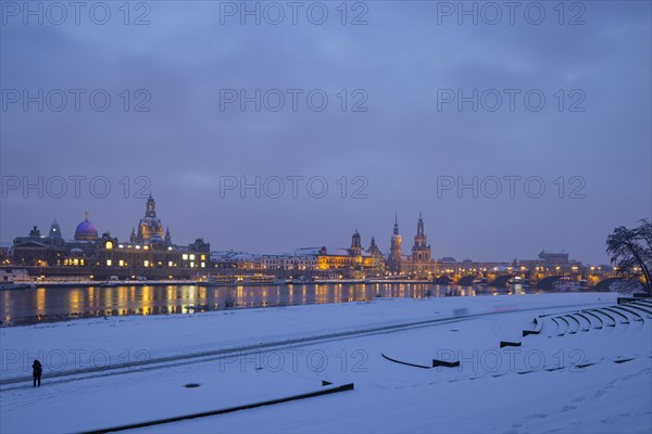 The silhouette of Dresden's Old Town with its historic buildings is reflected in the Elbe, Dresden, Saxony, Germany, Europe