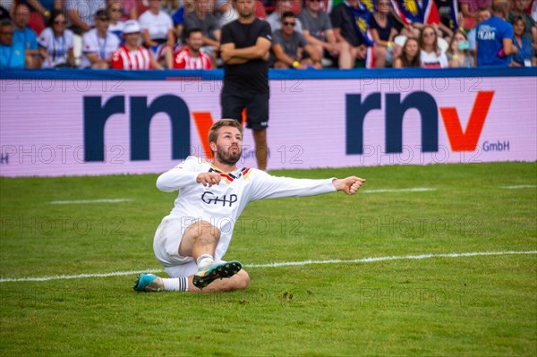 Fistball World Championship from 22 July to 29 July 2023 in Mannheim: The German national team won its opening match against Namibia with 3:0 sets. Here in the picture: Jonas Schroeter from TSV Pfungstadt