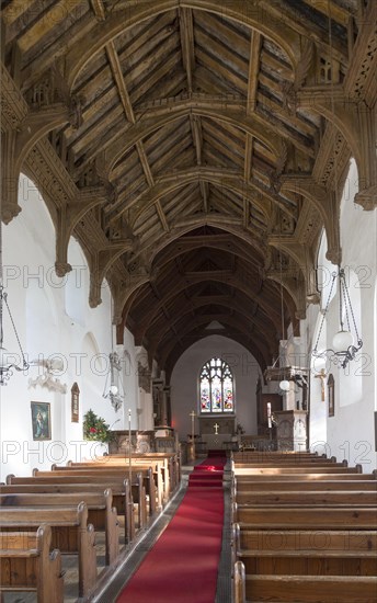 Church nave over wooden pews, altar and east window, hammer beam roof, Badingham, Suffolk, England, UK