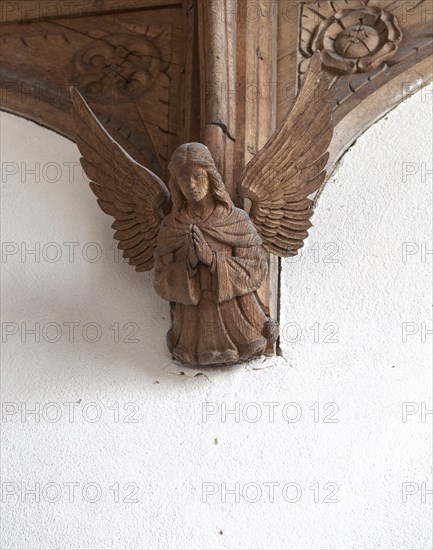 Carved wooden angel figure church of Ilketshall St Andrew, Suffolk, England, UK