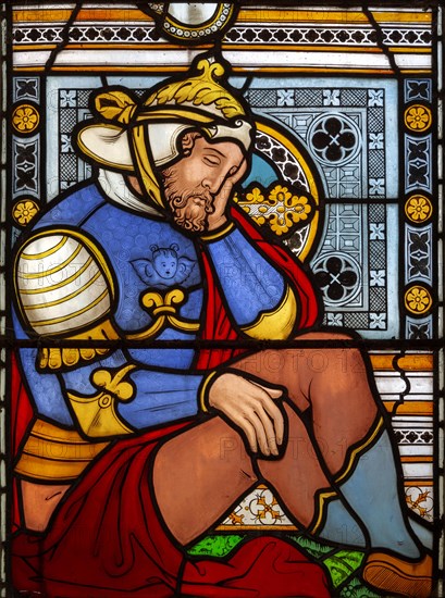 Victorian 19th century stained glass window, Lawshall church, Suffolk, England, UK by Horwood Bros, Sleeping Roman soldier
