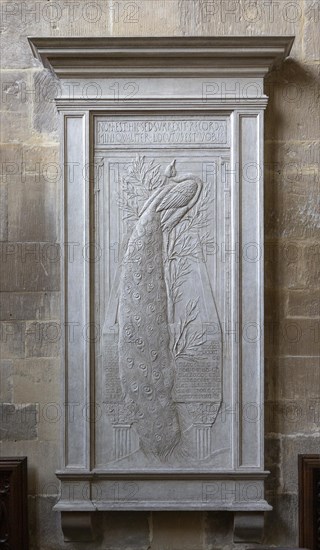 White gesso plaque memorial 1886 by Edward Burne-Jones to Laura Lyttelton, Mells church, Somerset, England, UK