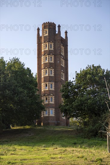 Freston Tower, a six-storey red brick Tudor folly built in 1570s, near Ipswich, Suffolk, England, UK