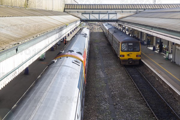 Trains at platform in St David's railway station, Exeter, Devon, England, UK, British Rail Class 143 diesel multiple unit, part of the Pacer family of trains