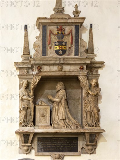 Historic interior of East Bergholt church, Suffolk, England, UK, Edward Lambe died 1617 memorial monument