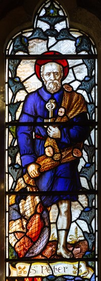 Stained glass window church of Saint Peter and Paul, Felixstowe, Suffolk, England, UK, Saint Peter holding key