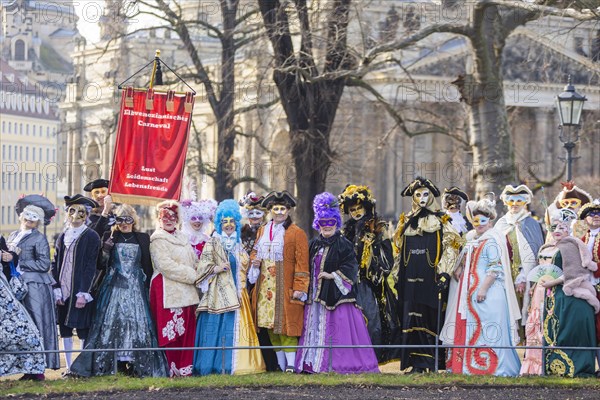 LUST & PASSION & JOY OF LIFE, for the joy of the masquerade, the Elbvenezian Carnival took place in Dresden on the weekend in front of Rose Monday. The highlight was the joint stroll through the historic centre with masks in robes in the style of the Elbe Venetian Carnival from the Neumarkt through the Altmarktgalerie, the Schlossstrasse, through the Stallhof, along the Fuerstenzug, onto the Bruehlsche Terrasse and into the Bruehlsche Garten, Dresden, Saxony, Germany, Europe