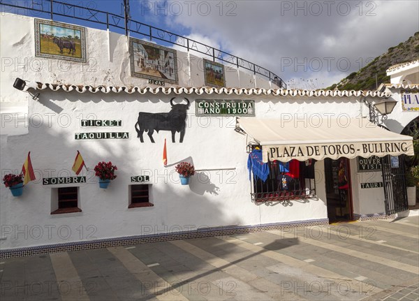 Bullring built 1900, Mijas, Costa del Sol, Malaga Province, Andalusia, Spain ticket windows for sun and shade, souvenir shop
