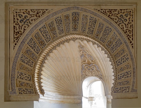 Islamic design architectural detail inside the Moorish palace of the Alcazaba, Malaga, Andalusia, Spain, decorated arches, Europe