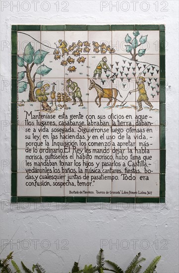 Ceramic tiled illustrated story about history, Frigiliana, Province of Malaga, Andalusia, Spain, Europe