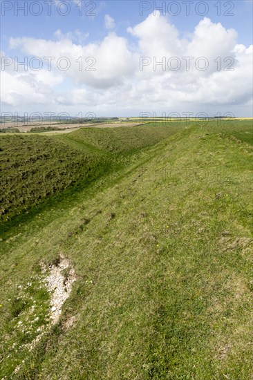 Defensive ramparts and ditch Yarnbury Castle, Iron Age hill fort, Wiltshire, England, UK