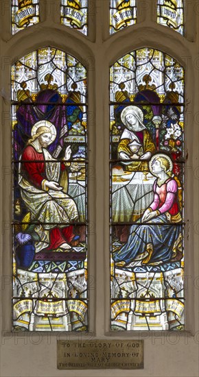 Stained glass window of Jesus Christ and Mary at table, church of Saint Margaret, Linstead Parva, Suffolk, England, UK circa 1890s