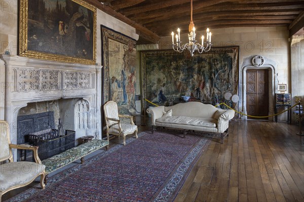 Furniture and wall tapestries drawing room inside Berkeley castle, Gloucestershire, England, UK