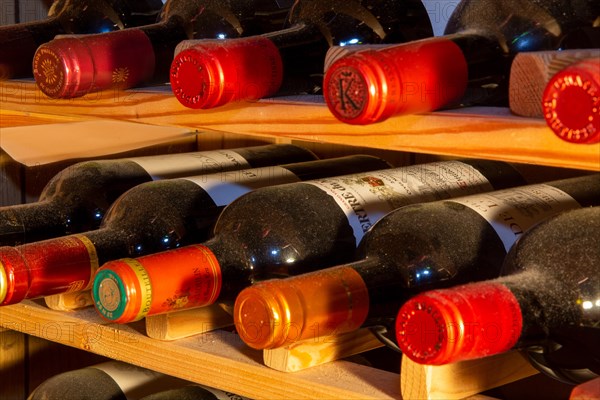 Wine cellar with red wine bottles (editorial)