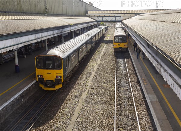 GWR trains St David's railway station, Exeter, Devon, England, UK British Rail Class 150 Sprinter on left, Class 143 Pacer on right