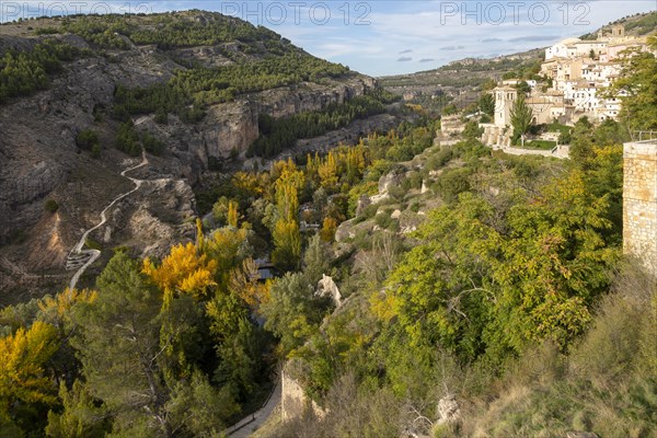 Landscape scenery of river Rio Jucar gorge with historic buildings, Cuenca, Castille La Mancha, Spain, Europe
