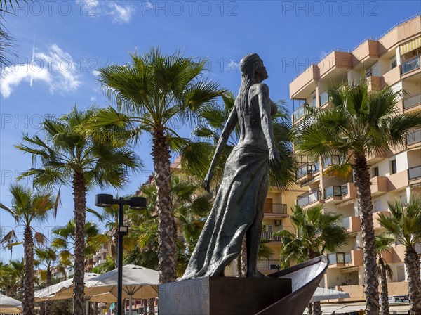 Sculpture of woman 'Mediterranea' by Luis Reyes, 2003, on seafront at Fuengirola, Costa del Sol, Andalusia, Spain, Europe