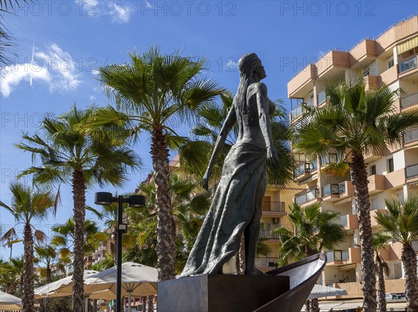Sculpture of woman 'Mediterranea' by Luis Reyes, 2003, on seafront at Fuengirola, Costa del Sol, Andalusia, Spain, Europe