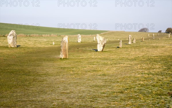 Lines of standing sarsen stones form the Avenue, Avebury World Heritage site, Wiltshire, England, UK