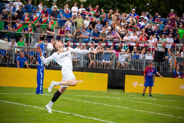 Fistball World Championship from 22 July to 29 July 2023 in Mannheim: The German national team won its opening match against Namibia with 3:0 sets. Pictured here: Attacking player Patrick Thomas from TSV Pfungstadt